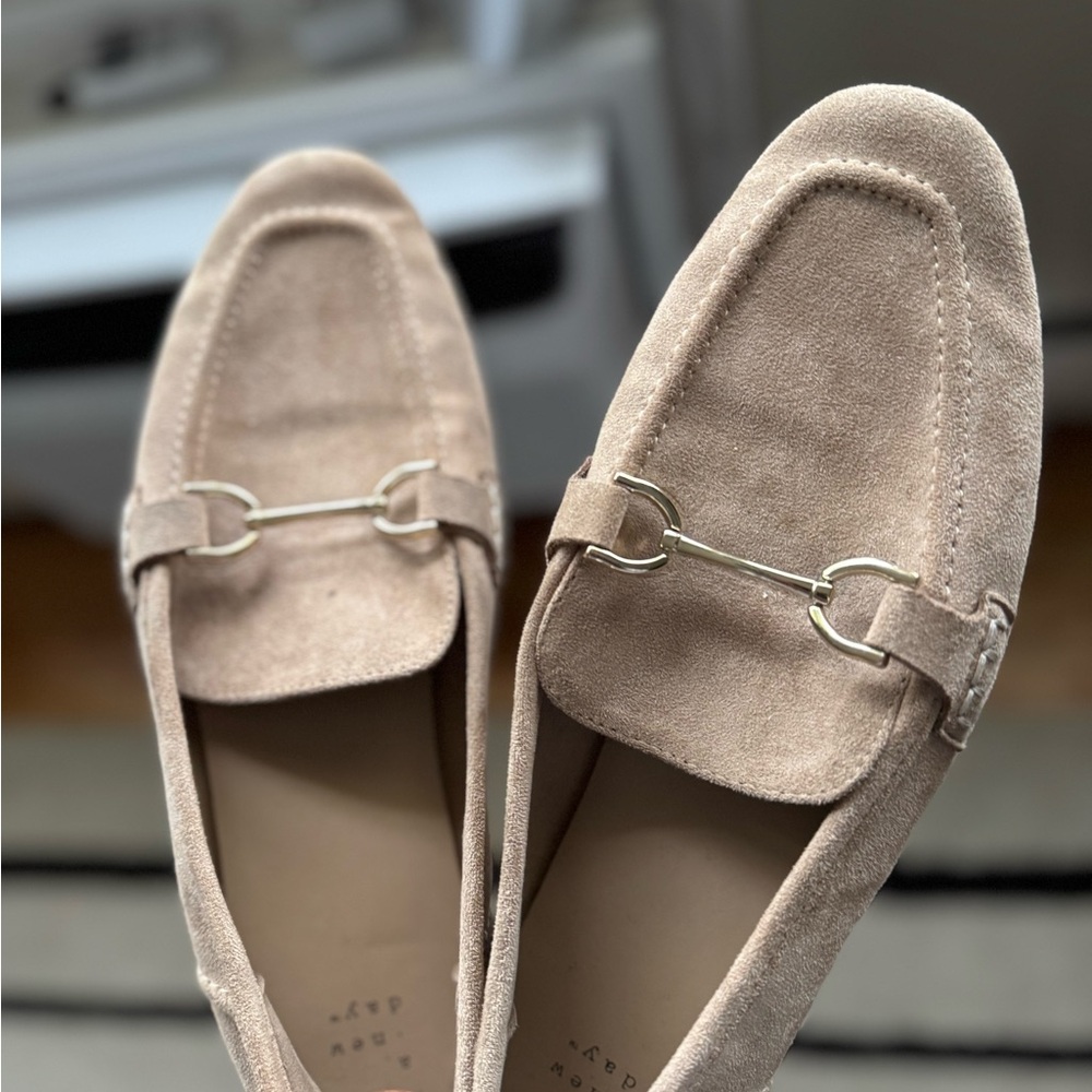 Beige Suede Loafers with Silver Buckle